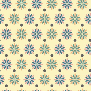 Colorful graphic abstract stylised flowers with polka dots floral themed pattern on a  yellow background