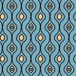 Unisex orange and teal ogee geometric pattern on a teal green background