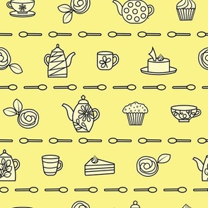 Teapots, cakes, cups and spoons food themed pattern on a bright yellow background