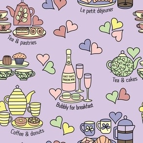 'Bubbly for breakfast' food themed pattern with pastel colors on a purple background.