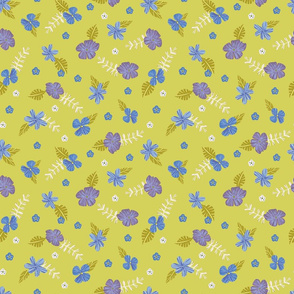 blue and purple flowers on yellow by rysunki_malunki