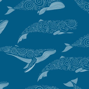 Ornate Whales on Blue