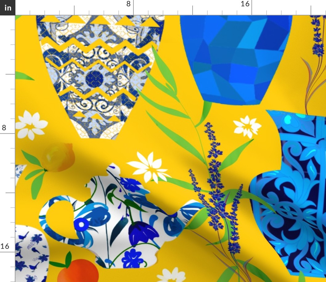  Citrus summer pattern ,chinoiserie ,daisy flower ,vases lemons 
