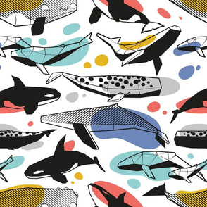 Normal scale // Whales joyful song // white background multicolored geometric sea animals