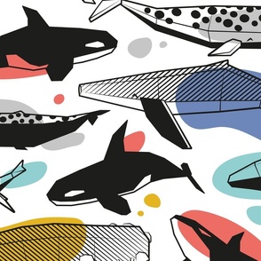 Large jumbo scale // Whales joyful song // white background multicolored geometric sea animals