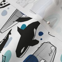 Small scale // Whales joyful song // white background pastel denim and classic blue teal aqua and white and black geometric sea animals