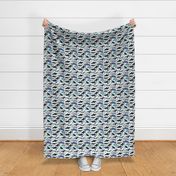 Small scale // Whales joyful song // white background pastel denim and classic blue teal aqua and white and black geometric sea animals