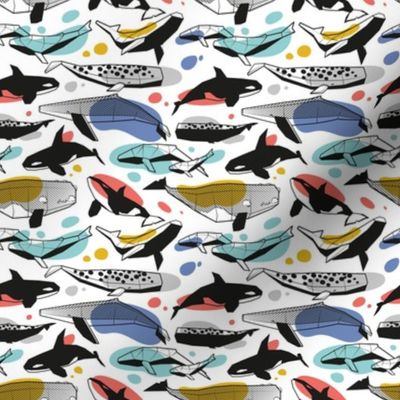 Tiny scale // Whales joyful song // white background multicolored geometric sea animals
