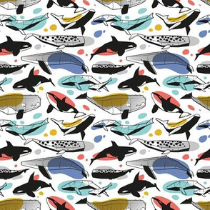 Tiny scale // Whales joyful song // white background multicolored geometric sea animals