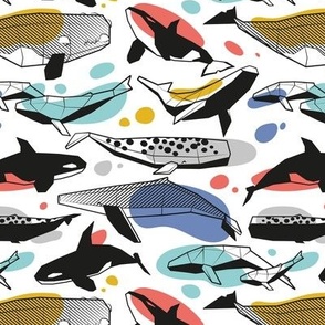 Small scale // Whales joyful song // white background multicolored geometric sea animals