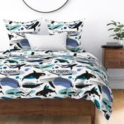 Large jumbo scale // Whales joyful song // white background pastel denim and classic blue teal aqua and white and black geometric sea animals