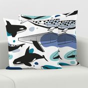 Large jumbo scale // Whales joyful song // white background pastel denim and classic blue teal aqua and white and black geometric sea animals