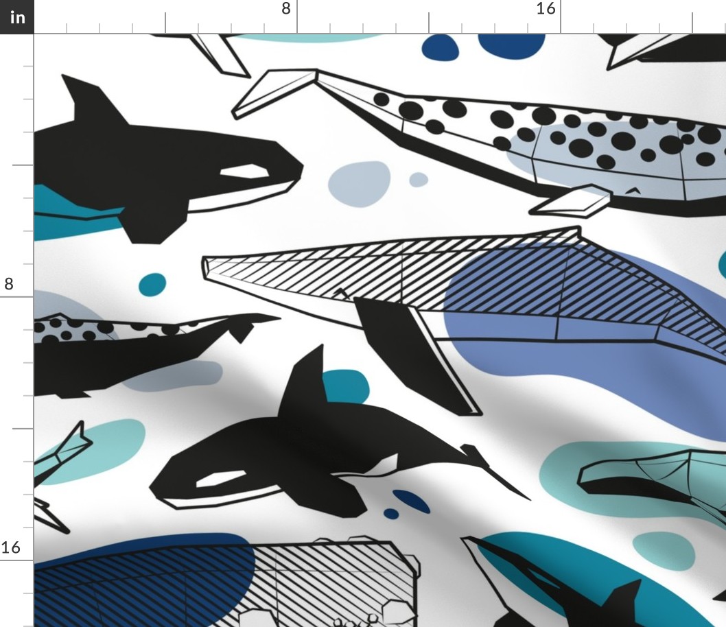 Large jumbo scale // Whales joyful song // white background pastel denim and classic blue teal aqua and white and black geometric sea animals