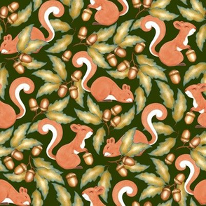 Acorns, Oak Leaves, and Happy Red Squirrels - on dark olive green 