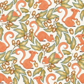 Acorns, Oak Leaves, and Happy Red Squirrels - on neutral pale cream 