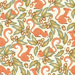 Acorns, Oak Leaves, and Happy Red Squirrels - on pale yellow cream 