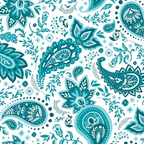 Teal Soma Paisley - White Large Scale