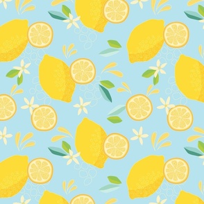 Spring Yellow Tossed Lemons on Light Blue with Blossoms