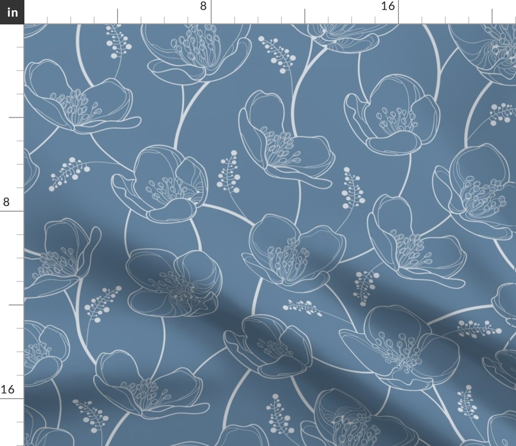 French country contemporary Blue tulips  floral coordinate or wallpaper