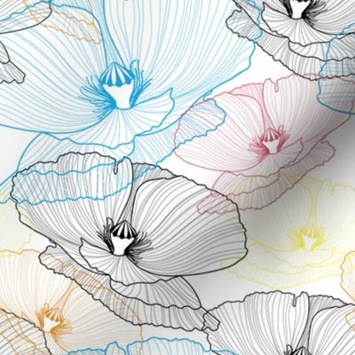 Poppy Flowers // Large Scale // Wild Flowers // White Background // Line Art Poppy // Spring Time // Bright flowers