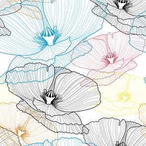 Poppy Flowers // Large Scale // Wild Flowers // White Background // Line Art Poppy // Spring Time // Bright flowers