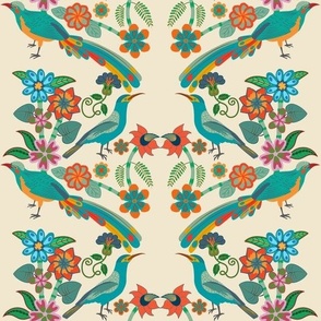 Whimsical Birds Floral Damask - Natural