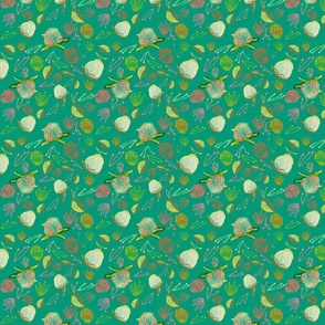 Peony Buds Abound Pattern on Teal