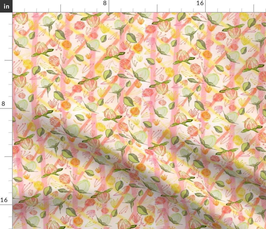 Peony Buds Abound Pattern on Plaid Background