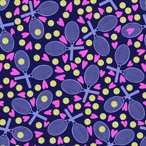 Tennis racquets and balls and hearts navy background 