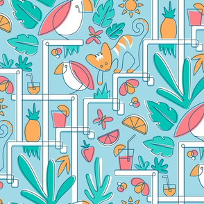 Tropical Abstract Contour Line Geometric Birds & fruit Summer Beach Wallpaper