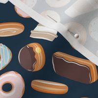 donuts and coffee -all the doughnuts on dark blue - LAD21