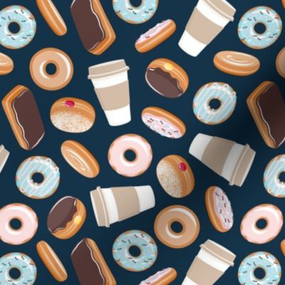 donuts and coffee -all the doughnuts on dark blue - LAD21
