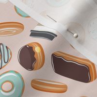 donuts and coffee -all the doughnuts on pale pink - LAD21