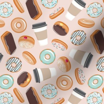 donuts and coffee -all the doughnuts on pale pink - LAD21