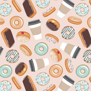 donuts and coffee -all the doughnuts on pale pink - LAD21