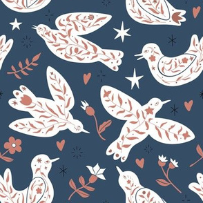 Folk birds silhouettes with flowers, leaves, floral branches. Vector pattern