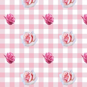 Large pink roses on cotton candy 1-inch gingham