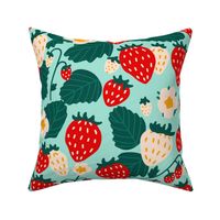 Large Strawberries Strawberry Field in red cream green on turquoise