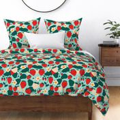 Large Strawberries Strawberry Field in red cream green on turquoise