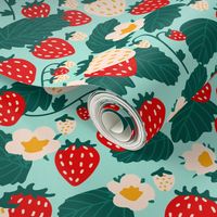 Large Strawberries Strawberry Field in red cream green on turquoise