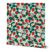 Large Strawberries Strawberry Field in red cream green on turquoise