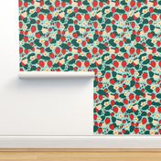 Large Strawberries Strawberry Field in red cream green on turquoise