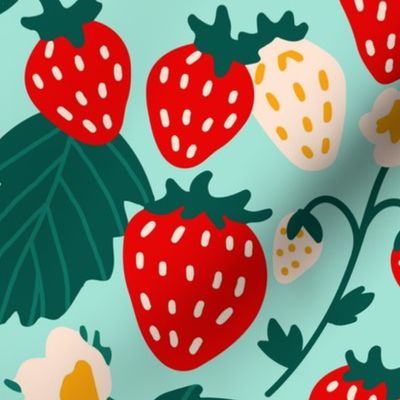 Large Strawberries Strawberry Field in red cream green on turquoise