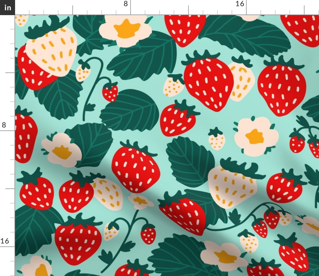 Large Strawberries Strawberry Field in red cream green on turquoise