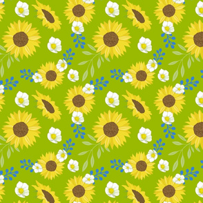 Yellow Sunflower Green Background Flower Floral Pattern Print