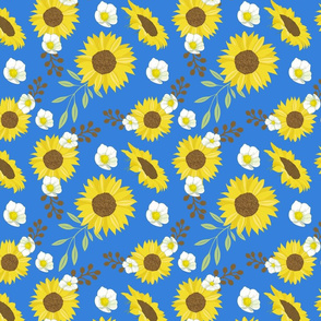 Yellow Sunflower Blue Background Flower Floral Pattern Print