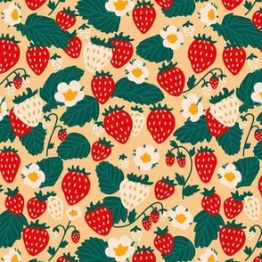 Small Strawberries Field in Red Cream Green on Yellow