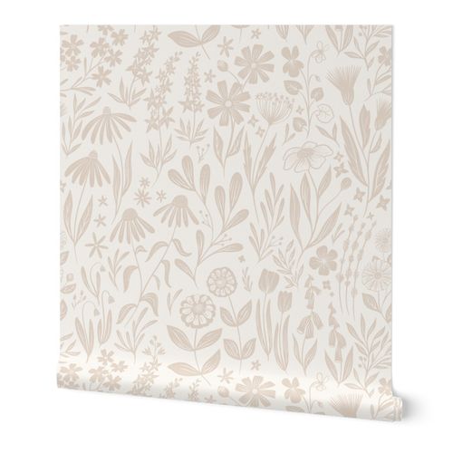 Wildflowers - tan and cream - medium Wallpaper | Spoonflower