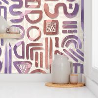 Abstract shapes and glyphs in brushstrokes- purple, copper on off-white - Jumbo