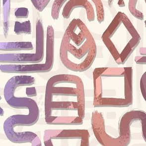 Abstract shapes and glyphs in brushstrokes- purple, copper on off-white - Jumbo